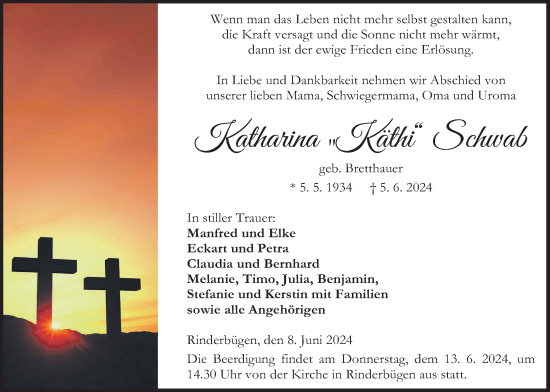 Traueranzeige von Katharina Schwab von Kreis-Anzeiger