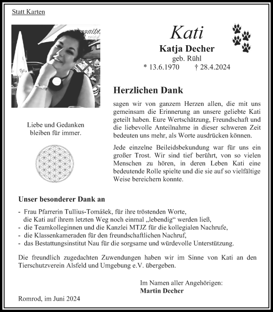 Traueranzeige von Kati Decher von Oberhessische Zeitung