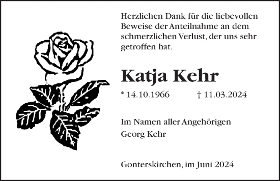 Traueranzeige von Katja Kehr von Laubacher Anzeiger
