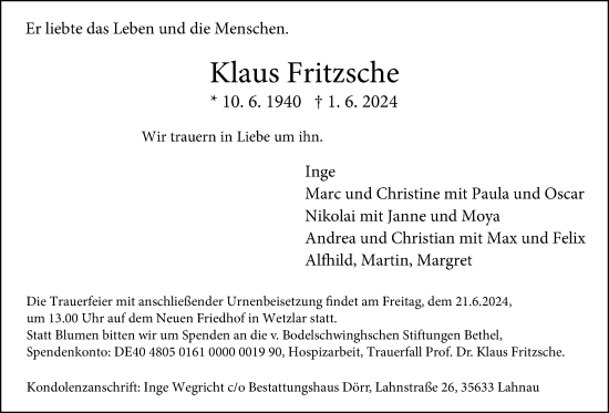 Traueranzeige von Klaus Fritzsche von Giessener Anzeiger, Giessener Allgemeine, Alsfelder Allgemeine