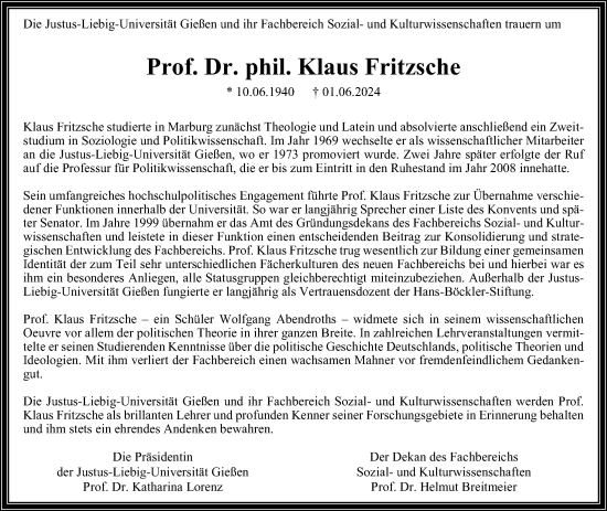 Traueranzeige von Klaus Fritzsche von Giessener Anzeiger, Giessener Allgemeine, Alsfelder Allgemeine
