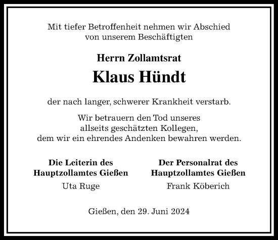 Traueranzeige von Klaus Hündt von Giessener Allgemeine, Alsfelder Allgemeine, Giessener Anzeiger