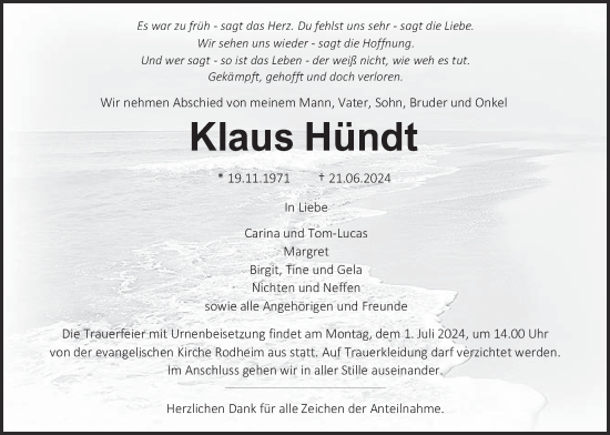 Traueranzeige von Klaus Hündt von Giessener Allgemeine, Alsfelder Allgemeine, Giessener Anzeiger