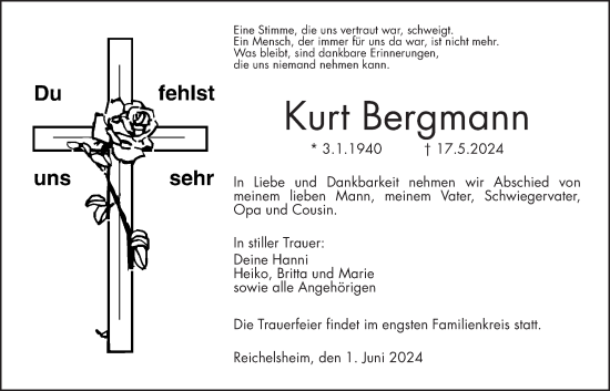 Traueranzeige von Kurt Bergamnn von Wetterauer Zeitung