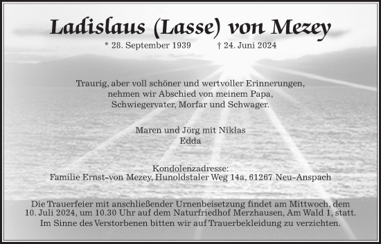 Traueranzeige von Ladislaus von Mezey von Usinger Anzeiger