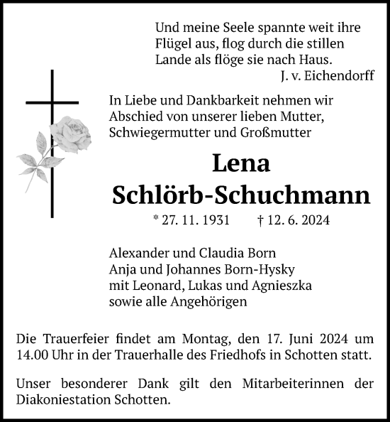 Traueranzeige von Lena Schlörb-Schuchmann von Kreis-Anzeiger