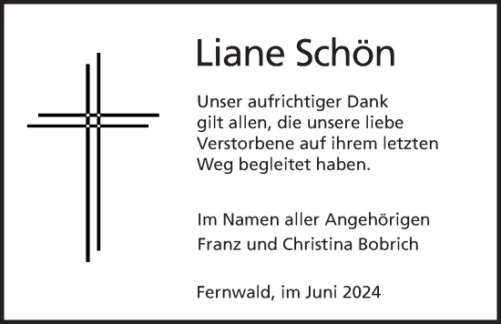 Traueranzeige von Liane Schön von Licher Wochenblatt