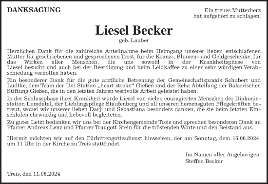 Traueranzeige von Liesel Becker von Giessener Allgemeine, Alsfelder Allgemeine