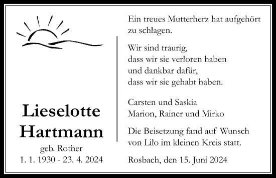 Traueranzeige von Lieselotte Hartmann von Wetterauer Zeitung