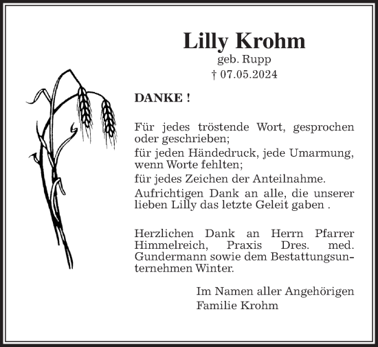 Traueranzeige von Lilly Krohm von Wetterauer Zeitung