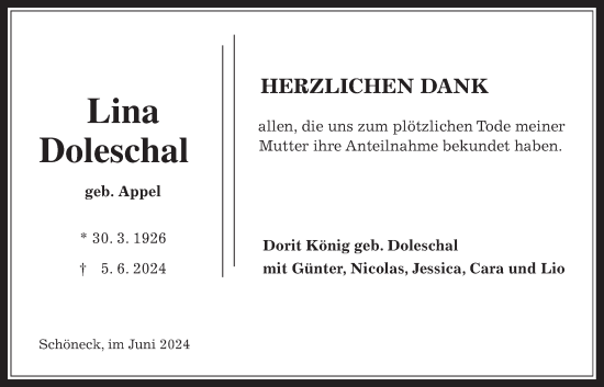 Traueranzeige von Lina Doleschal von Bad Vilbel/Karben