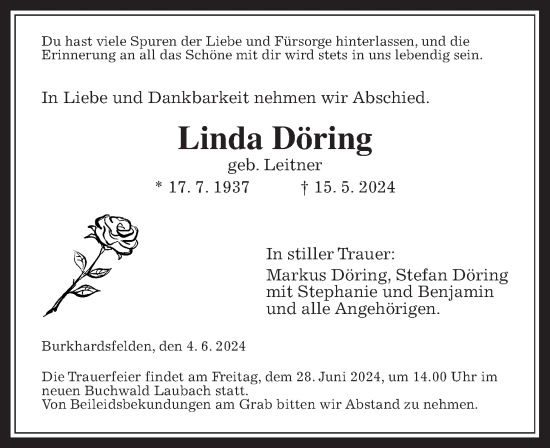 Traueranzeige von Linda Döring von Giessener Allgemeine, Alsfelder Allgemeine