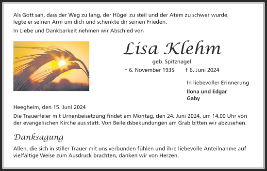 Traueranzeige von Lisa Klehm von Kreis-Anzeiger