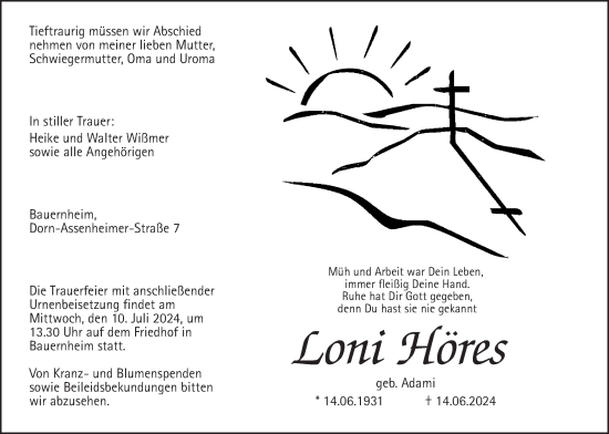 Traueranzeige von Loni Höres von Wetterauer Zeitung