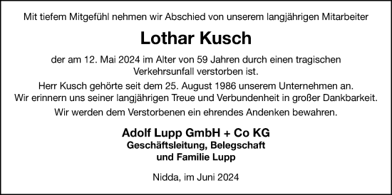 Traueranzeige von Lothar Kusch von Kreis-Anzeiger