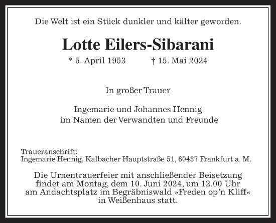 Traueranzeige von Lotte Eilers-Sibarani von Bad Vilbel/Karben