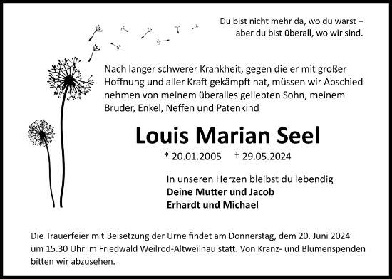 Traueranzeige von Louis Marian Seel von Usinger Anzeiger