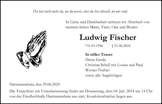 Traueranzeige von Ludwig Fischer von Lauterbacher Anzeiger