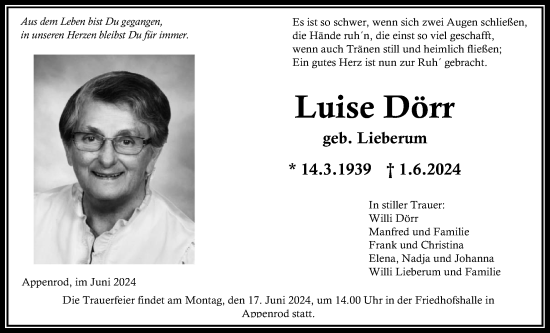 Traueranzeige von Luise Dörr von Alsfelder Allgemeine, Oberhessische Zeitung