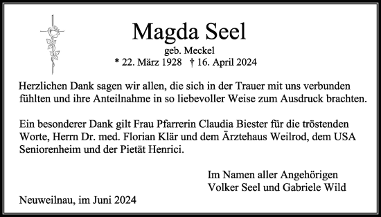 Traueranzeige von Magda Seel von Usinger Anzeigenblatt