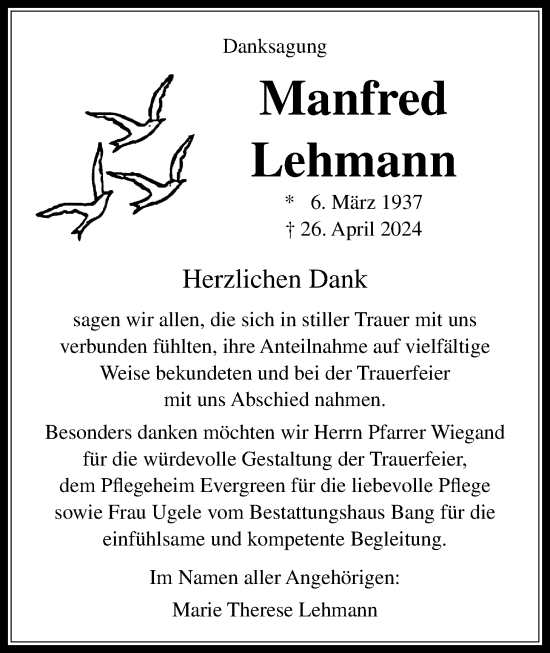 Traueranzeige von Manfred Lehmann von Butzbacher Zeitung