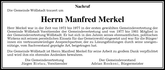 Traueranzeige von Manfred Merkel von Wetterauer Zeitung