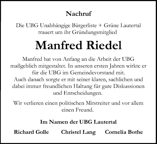 Traueranzeige von Manfred Riedel von Lauterbacher Anzeiger