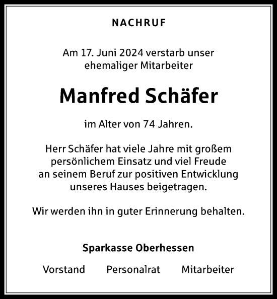 Traueranzeige von Manfred Schäfer von Kreis-Anzeiger