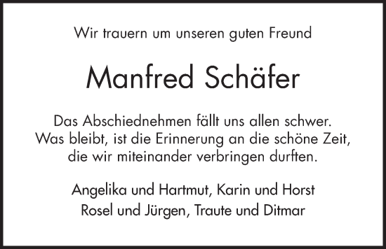 Traueranzeige von Manfred Schäfer von Kreis-Anzeiger