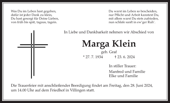 Traueranzeige von Marga Klein von Licher Wochenblatt