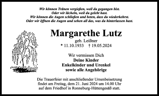 Traueranzeige von Margarethe Lutz von Wetterauer Zeitung, Kreis-Anzeiger
