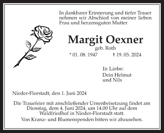 Traueranzeige von Margit Oexner von Wetterauer Zeitung