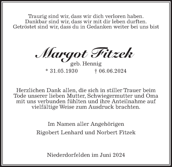 Traueranzeige von Margot Fitzek von Bad Vilbel/Karben