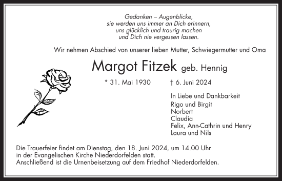 Traueranzeige von Margot Fitzek von Bad Vilbel/Karben