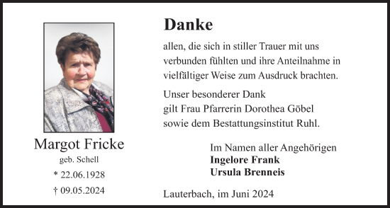 Traueranzeige von Margot Fricke von Lauterbacher Anzeiger