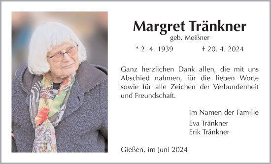 Traueranzeige von Margret Tränker von Giessener Anzeiger, Giessener Allgemeine, Alsfelder Allgemeine