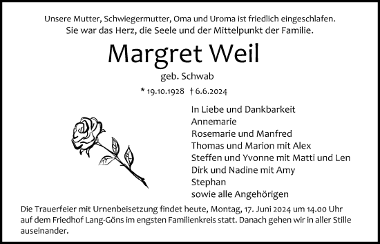 Traueranzeige von Margret Weil von Giessener Allgemeine, Alsfelder Allgemeine