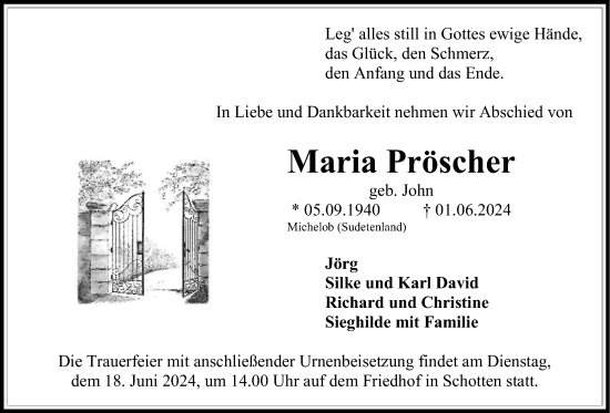 Traueranzeige von Maria Pröscher von Kreis-Anzeiger