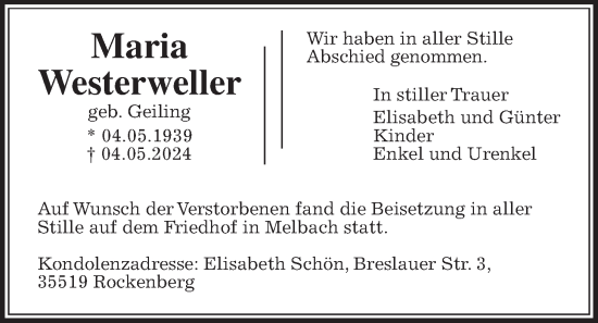 Traueranzeige von Maria Westerweller von Wetterauer Zeitung