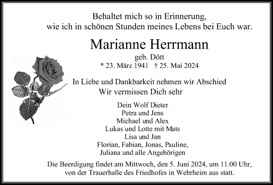 Traueranzeige von Marianne Herrmann von Usinger Anzeiger