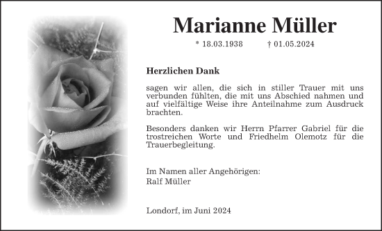 Traueranzeige von Marianne Müller von Rabenauer Zeitung