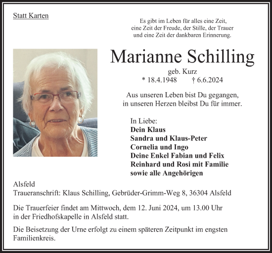 Traueranzeige von Marianne Schilling von Oberhessische Zeitung