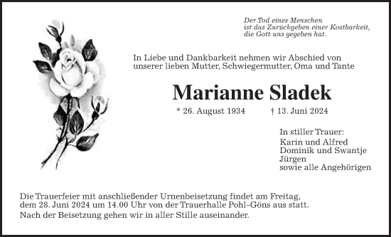 Traueranzeige von Marianne Sladek von Butzbacher Zeitung