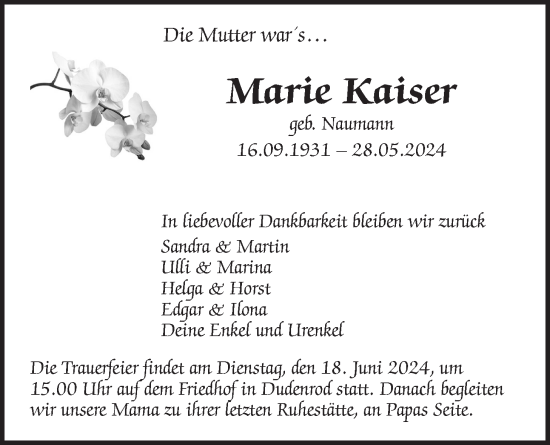 Traueranzeige von Marie Kaiser von Kreis-Anzeiger