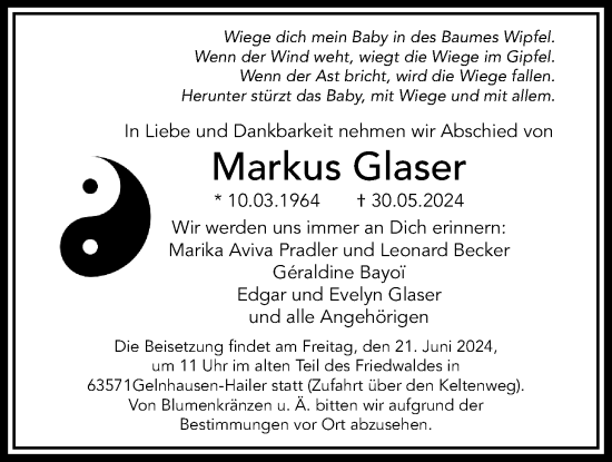 Traueranzeige von Markus Glaser von Bad Vilbel/Karben