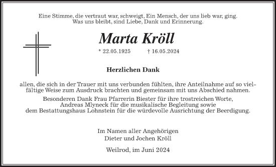 Traueranzeige von Marta Kröll von Usinger Anzeiger, Usinger Anzeigenblatt