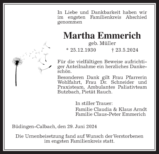Traueranzeige von Martha Emmerich von Kreis-Anzeiger