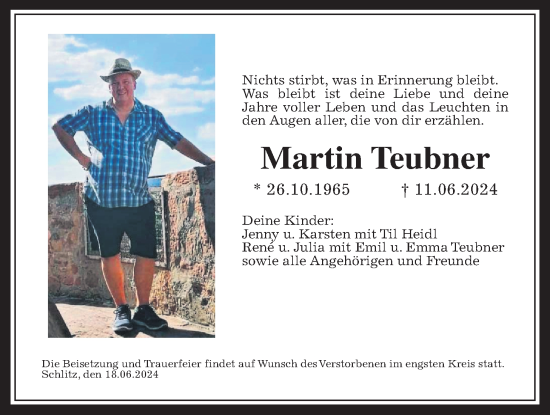 Traueranzeige von Martin Teubner von Lauterbacher Anzeiger