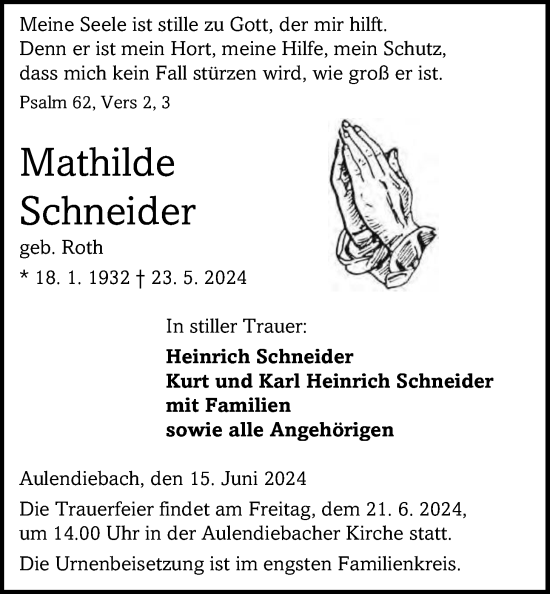 Traueranzeige von Mathilde Schneider von Kreis-Anzeiger