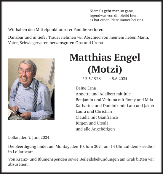 Traueranzeige von Matthias Engel von Giessener Anzeiger, Giessener Allgemeine, Alsfelder Allgemeine